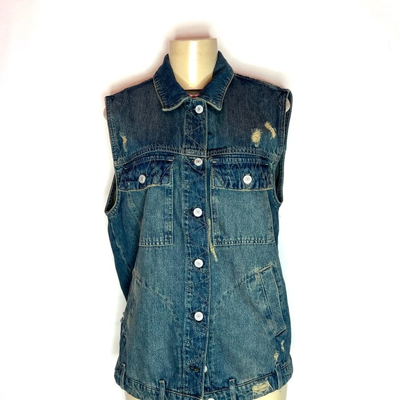 We The Free distressed oversized denim Jean Vest size Xs - Picture 4 of 4